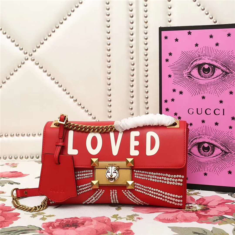 477330 GUCCI 秋冬最新 虎头 lOVED字母印花 链条单肩包 红色