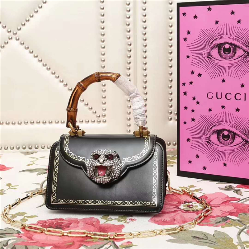 488667 Gucci 翻盖 豹头镶钻 竹节提手 链条手提风琴包 黑色