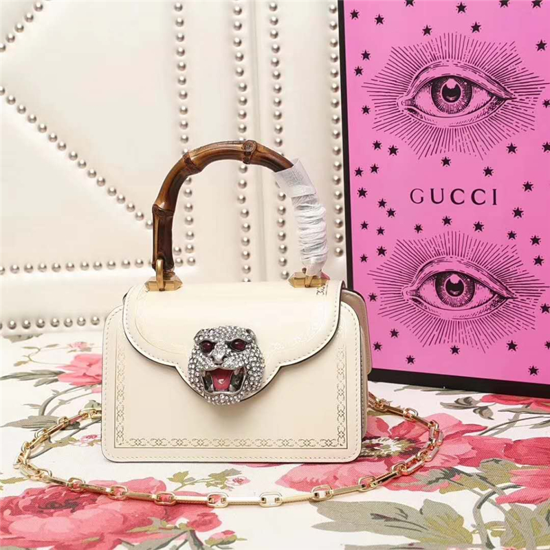 488667 Gucci 翻盖 豹头镶钻 竹节提手 链条手提风琴包 白色
