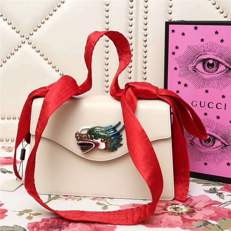 466405 GUCCI 龙头 真皮 绸缎提手 双蝴蝶结 斜跨手提包 白色