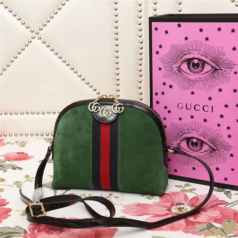 499621 GUCCI GG双拉链 拼皮绒面 织带 贝壳包 绿色