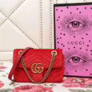 446744 GUCCI GG Marmont系列 波浪纹天鹅绒刺绣 链带肩背包 芙蓉红