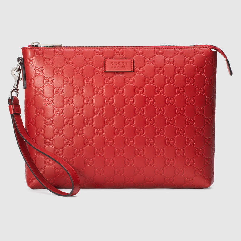 473881 GUCCI Gucci Signature 柔软质地 男包 手拿腕包 芙蓉红