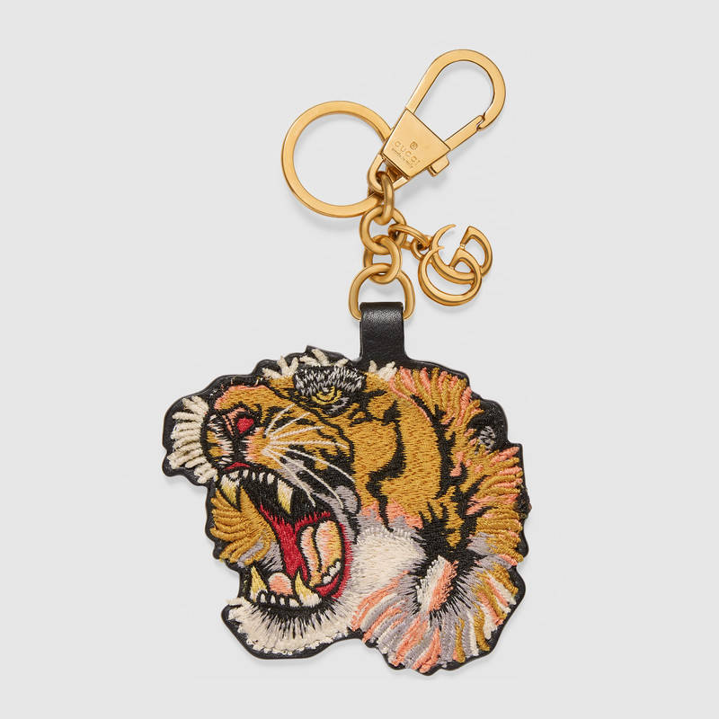 453183 GUCCI 皮革基底 虎头造型刺绣 钥匙扣 金色