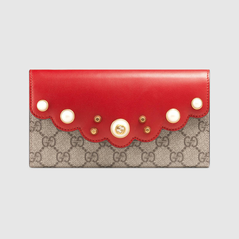 431474 GUCCI GG Supreme高级人造帆布 珍珠双G铆钉 长款皮夹 红色