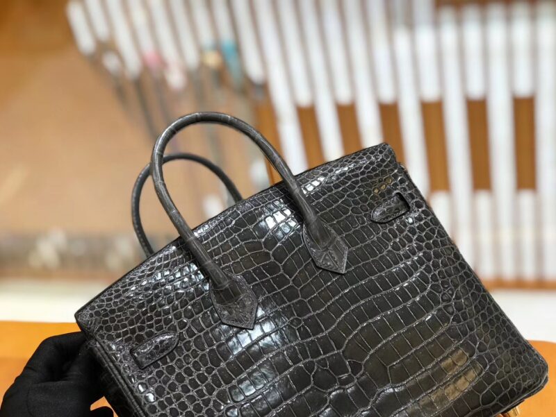 爱马仕 Birkin 铂金包 石墨灰 进口一级湾鳄鳄鱼皮 蜡线 全手工缝制 25cm - Image 5