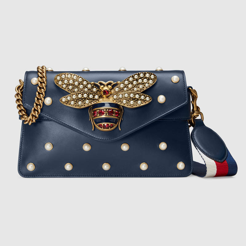 453778 GUCCI Broadway 系列 皮革 铆钉 金属蜜蜂 迷你手袋 蓝色