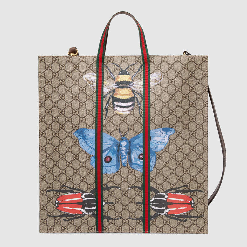 493610 GUCCI 古驰 昆虫印花 GG Supreme 高级人造帆布 购物袋 乌木色