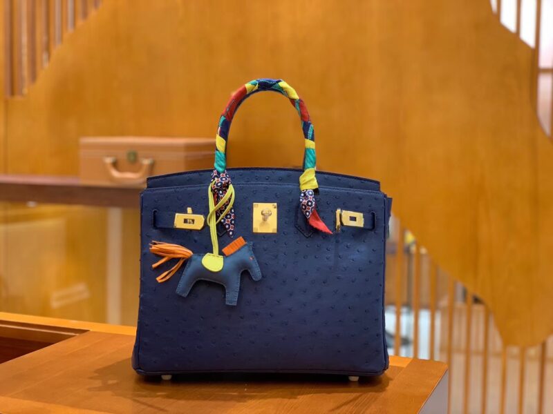 爱马仕 Birkin 30 鸵鸟皮 深海蓝 金扣 全手工缝制 - Image 2