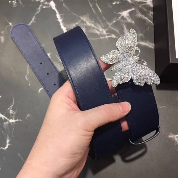 Gucci 2018新款 走秀款 原版牛皮 蝴蝶满钻扣头 蓝色银扣