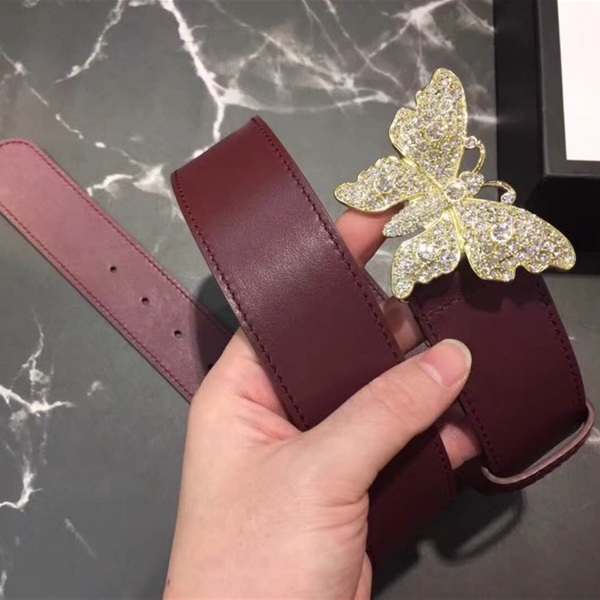 Gucci 2018新款 走秀款 原版牛皮 蝴蝶满钻扣头 酒红色金扣