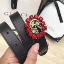 Gucci 模特走秀款 红色水晶 双G带扣 皮革腰带 黑色