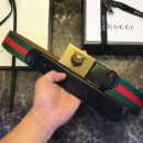 Gucci 古驰 爆款 织带拼皮 虎头图案五金搭扣 男士腰带 红绿织带黑皮