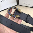 GUCCI 古驰 2017畅销女款 双面进口平纹 头层牛皮 龙头花纹扣 黑带蓝钻金扣