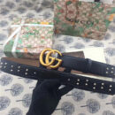 Gucci 古驰 欧洲专柜新款 纯手工镶钉 原版古铜金属扣头 双G腰带 纯黑