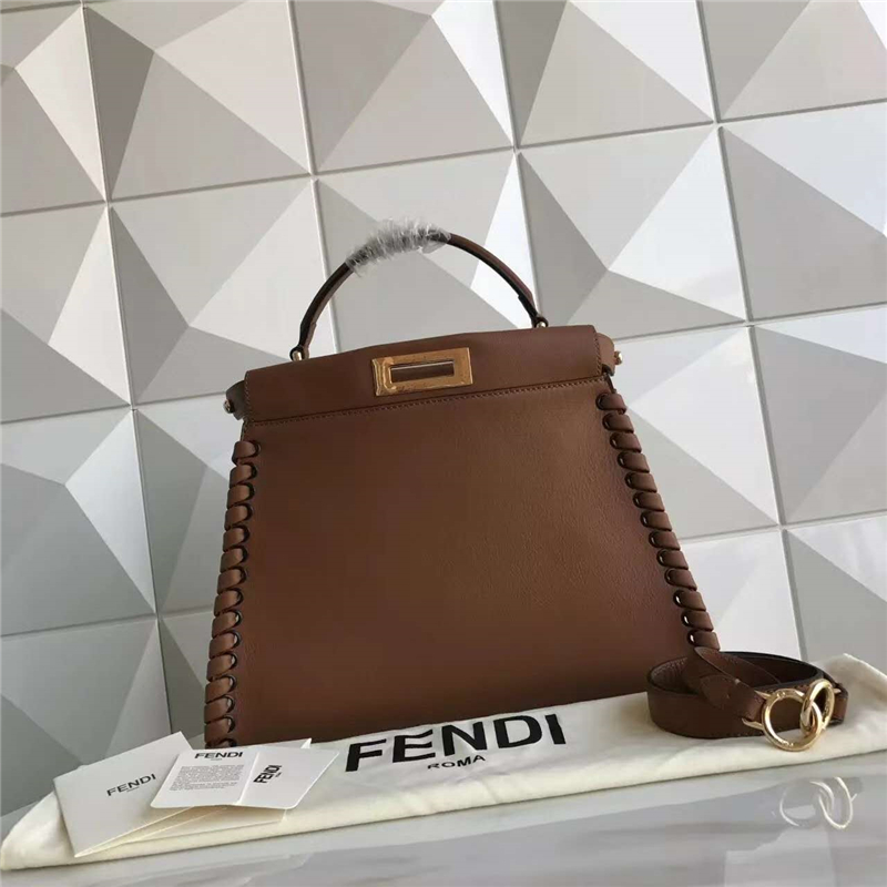9210M FENDI 芬迪 边缘编织装饰 柔软小牛皮手提包 棕色