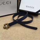Gucci 新款 原版牛皮 山茶花中间镶珍珠双G 女士腰带 藏蓝色