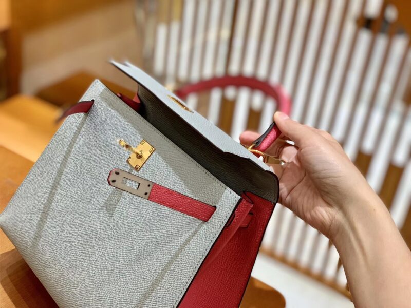 爱马仕 Kelly 凯莉包 拼色系列 斑鸠灰拼唇膏粉 25cm - Image 5