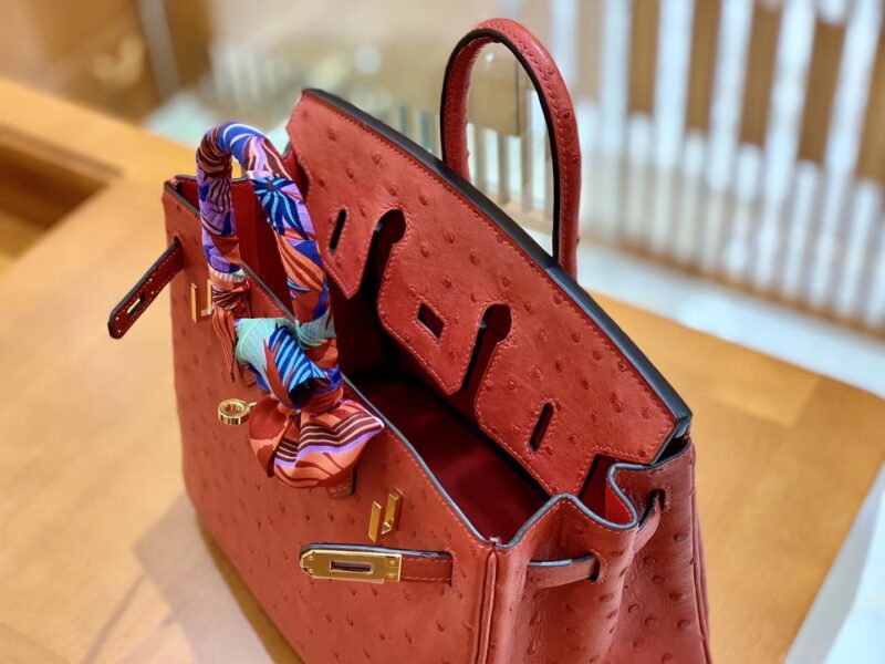 爱马仕 Birkin 铂金包 红色 鸵鸟皮 手缝工艺 金扣 25cm 现货