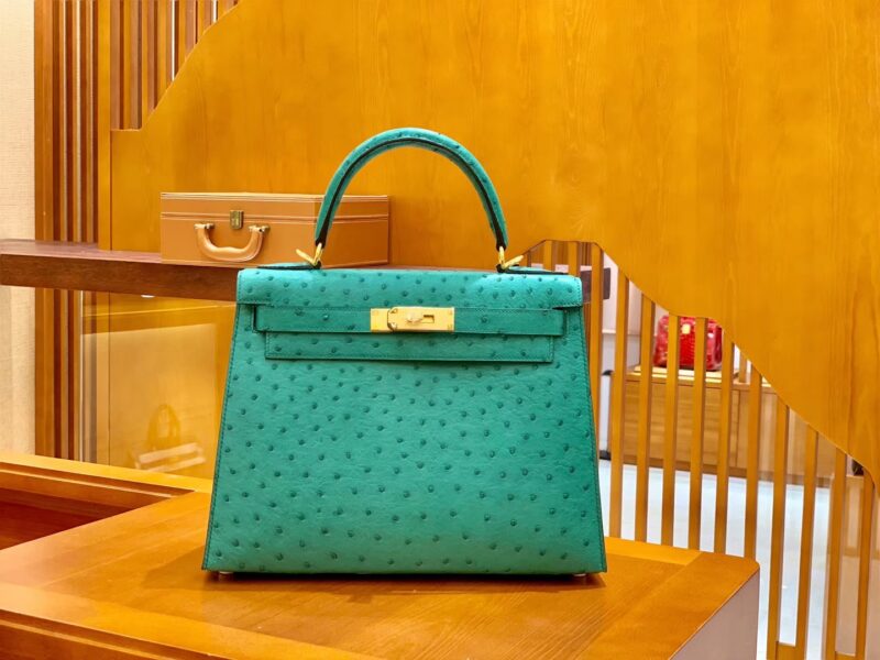 爱马仕 Kelly 28cm 湖水绿 金扣 南非KK鸵鸟皮 全手工缝制