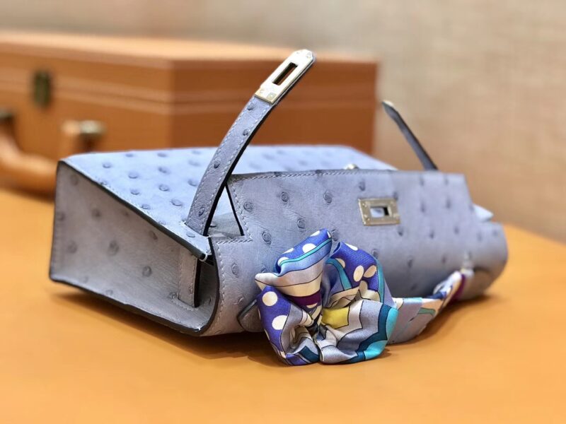 爱马仕 MiniKelly 迷你凯莉 亚麻蓝 鸵鸟皮 1代 金扣 22cm - Image 5