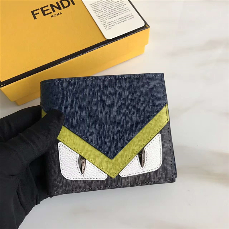 FENDI 芬迪 丝印拼色精美小牛皮短款横式皮夹 蓝额白眼黑皮