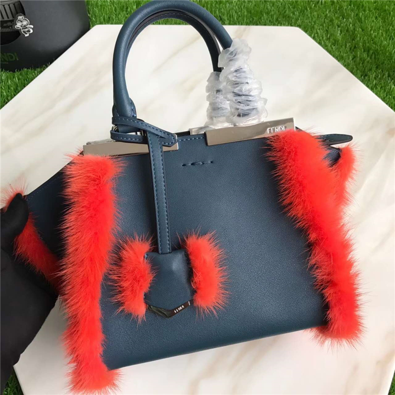 8771 FENDI 芬迪 minl3JouRS 时尚款 柔软小牛皮 貂毛手提包挎包 蓝灰色