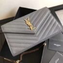 377828 YSL 进口鱼子酱皮 圣罗兰 真皮链式皮夹 灰色