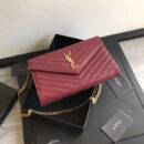 377828 YSL 进口鱼子酱皮 圣罗兰 真皮链式皮夹 酒红