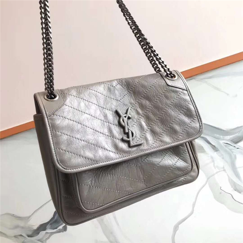 498894 YSL圣罗兰 NIKI复古 旧油蜡牛皮 褶皱 链条包 灰色