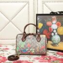 409529 GUCCI GG花鸟印花 帆布拼皮 波士顿手提包 啡色