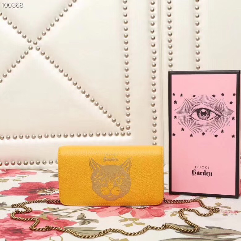 521552 GUCCI肩背包 头层甩纹牛皮 猫头系列 链条肩背包 黄色