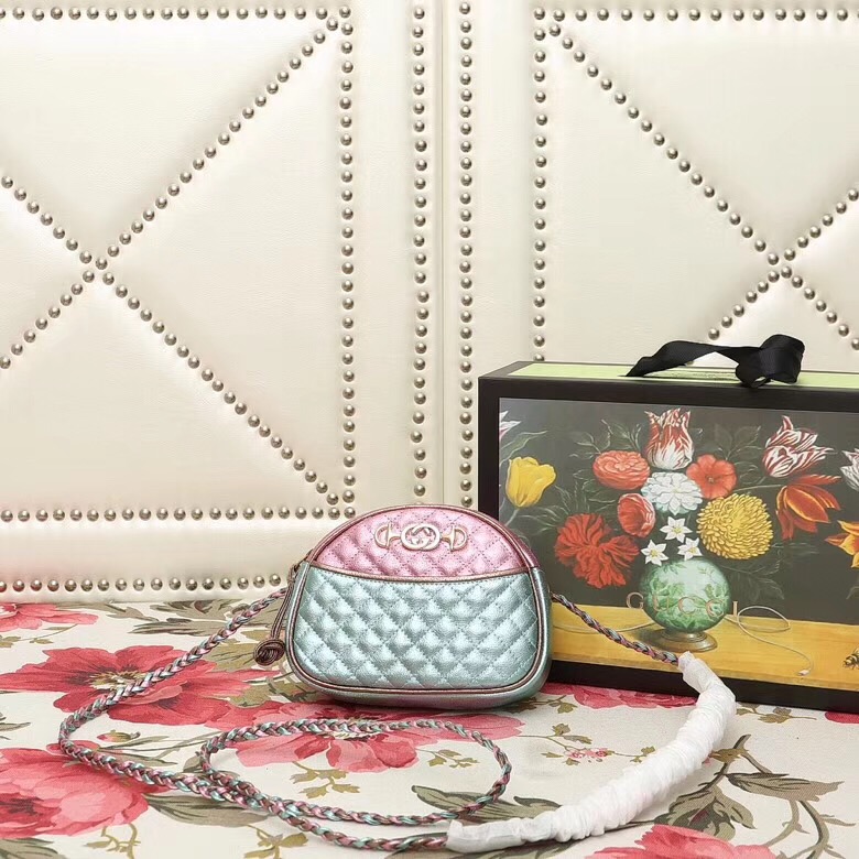 534951 GUCCI 2018秋冬 层压皮革 色彩拼接 迷你手袋 粉拼绿