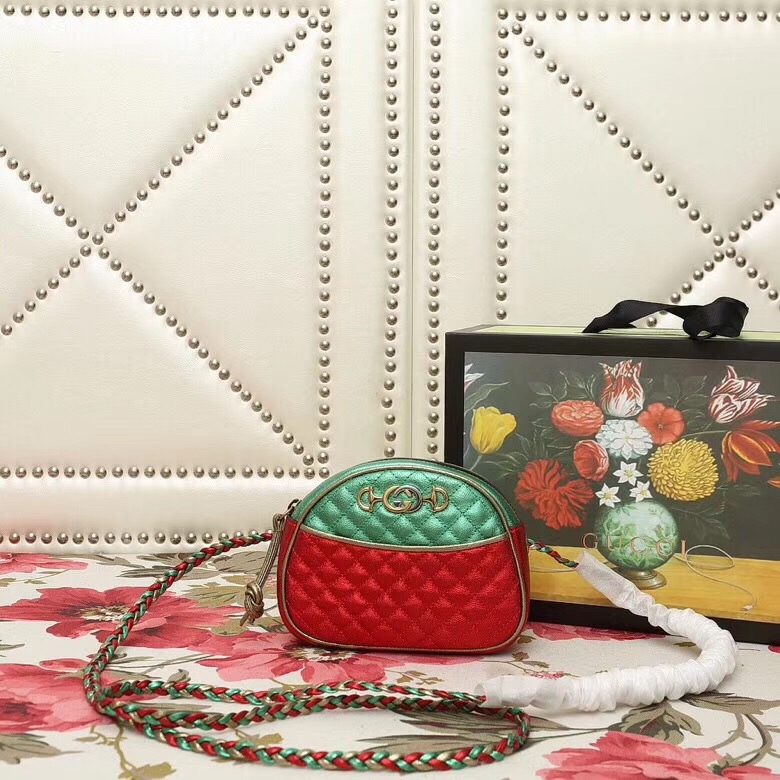 534951 GUCCI 2018秋冬 层压皮革 色彩拼接 迷你手袋 绿拼红