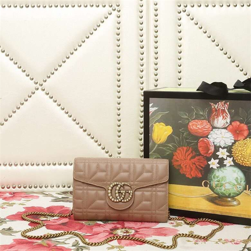 443122 Gucci链条包 双G珍珠扣翻盖 古驰斜跨女包 卡其