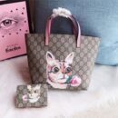410812 Gucci手袋 卡通猫咪图案 布纹牛皮 古驰mini购物袋 粉色