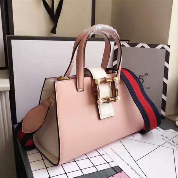 453756 Gucci女包 撞色牛皮 竹节珍珠扣 古驰手提包 宽肩带单肩包 藕粉色