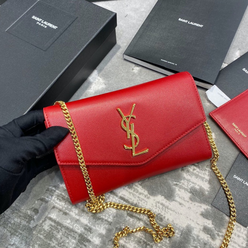 607788 YSL圣罗兰 UPTOWN粒面压印皮革链条钱包 YSL信封包 红色