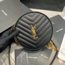 610436 YSL圣罗兰 VINYLE V形纹绗缝光滑皮革圆形相机包 黑色金扣