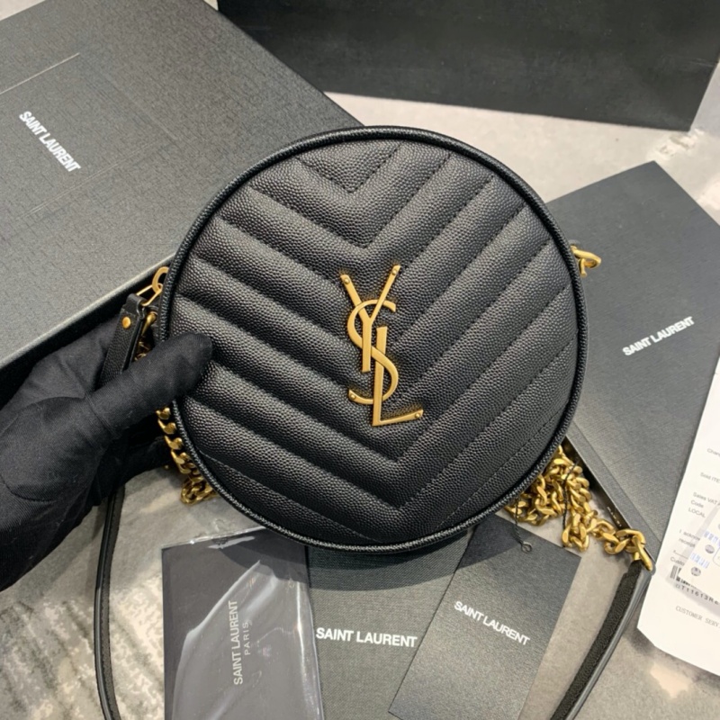 610436 YSL圣罗兰 VINYLE V形纹绗缝光滑皮革圆形相机包 黑色金扣