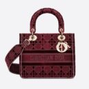 M0565 迪奥 中号 Lady D-Lite 手袋 天鹅绒刺绣藤格纹 酒红色