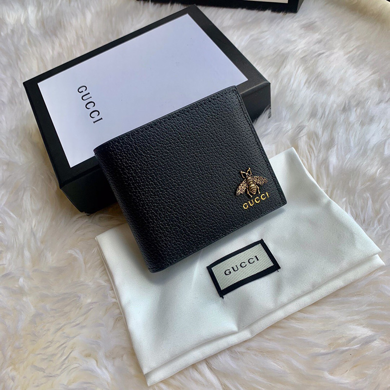 523664 Gucci古驰男包黑色Animalier金属蜜蜂logo短款钱包钱夹