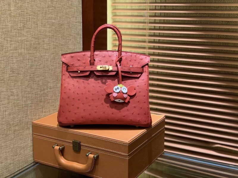 爱马仕 Birkin 25cm 大红色 南非进口鸵鸟皮 顶级手缝工艺 金扣