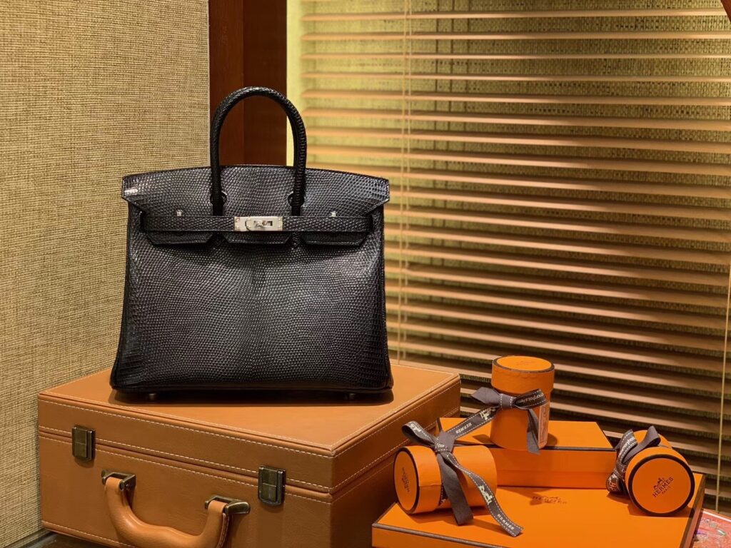 Birkin 铂金包 25CM 经典黑色 银扣 仿蜥蜴皮 全手工缝制