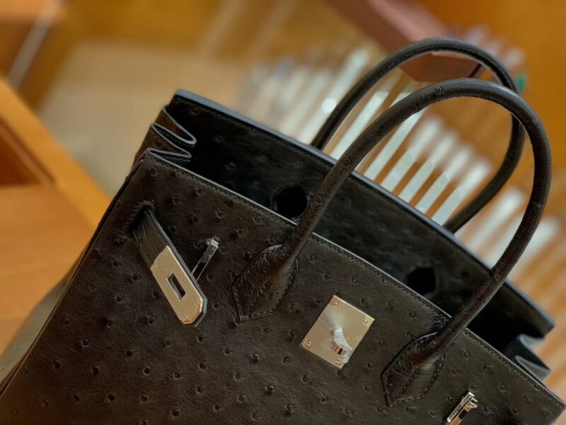 爱马仕 Birkin 30 鸵鸟皮 经典黑 银扣 全手工缝制 - Image 6