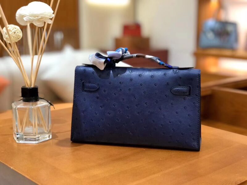 爱马仕 miniKelly 迷你凯莉 鸢尾蓝 南非kk级鸵鸟皮 金扣 22cm 1代 原版蜜蜡线 顶级手工 - Image 3