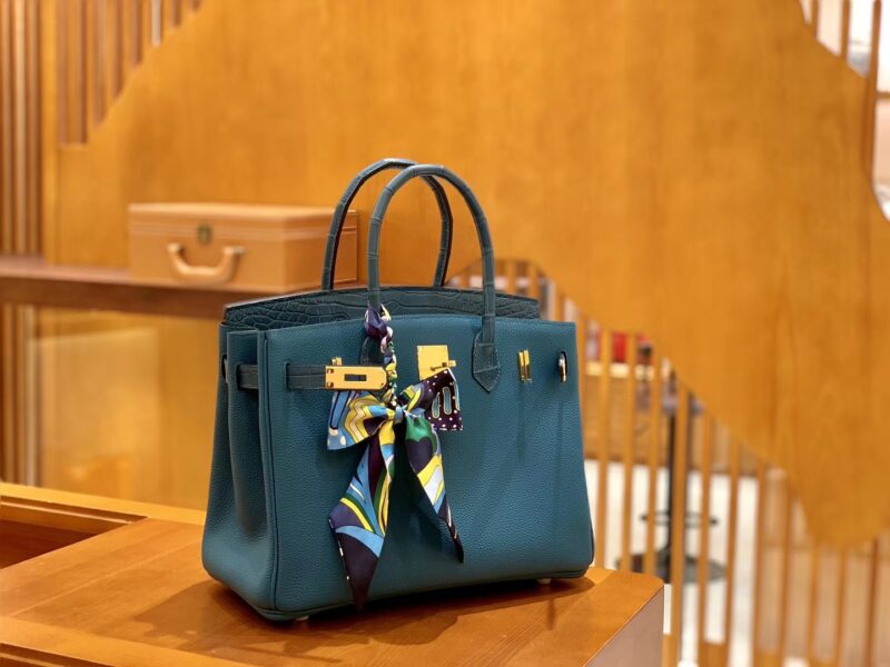 爱马仕 Birkin 铂金包 靛蓝 祖母蓝 Touch 鳄鱼皮拼牛皮 金扣 30cm - Image 6