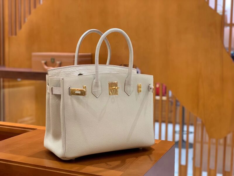 爱马仕 Birkin Touch 30cm 奶昔白 金扣 鳄鱼皮拼德国togo牛皮 全手工缝制 - Image 4