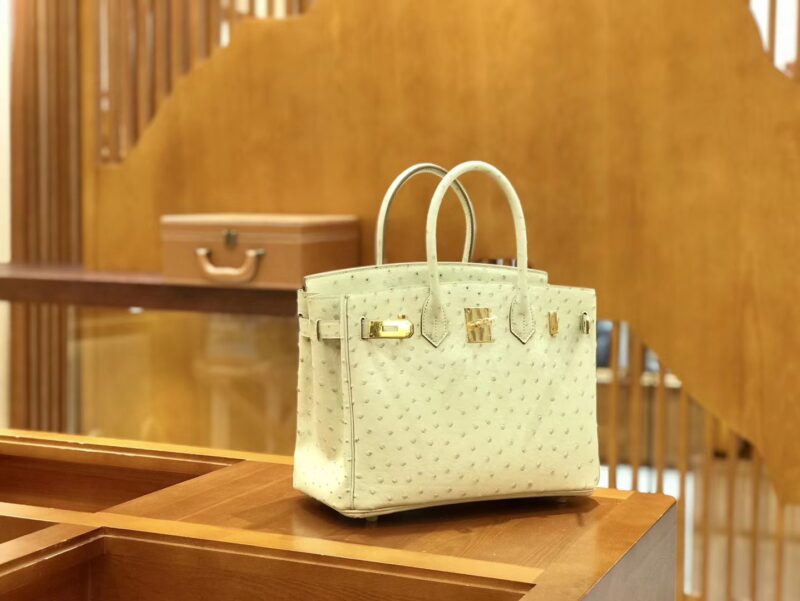 爱马仕 Birkin 30cm 羊毛白 奶昔白 金扣 南非KK级鸵鸟皮 全手工缝制 - Image 2