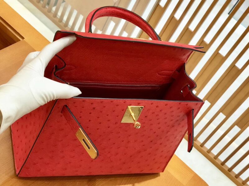 爱马仕 Kelly 28cm 爱心红 金扣 鸵鸟皮 全手工缝制 - Image 5